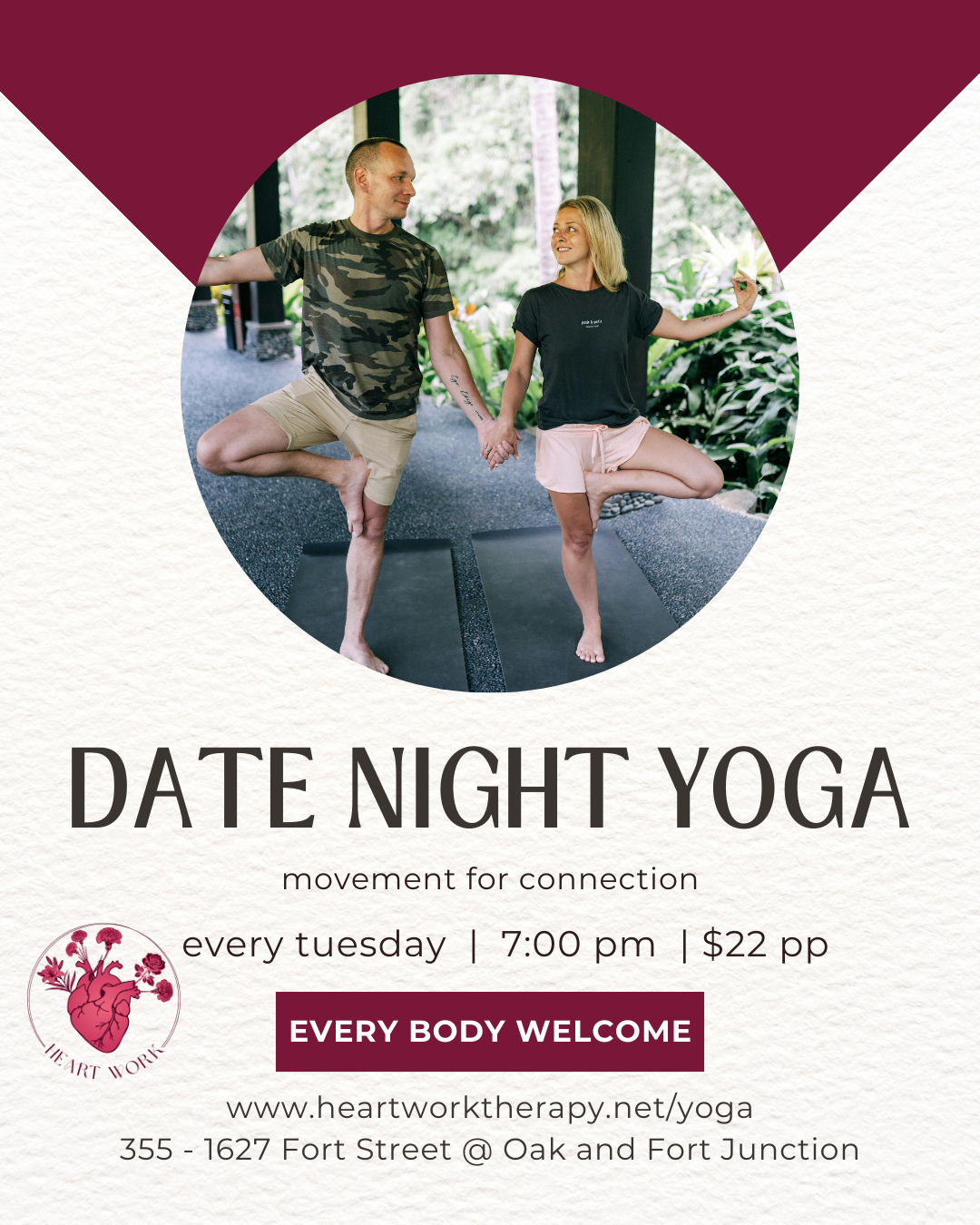 Date Night Yoga at Heart Work Therapy & Yoga @ 355 - 1627 Fort Street (Fort and Oak Bay Junction)