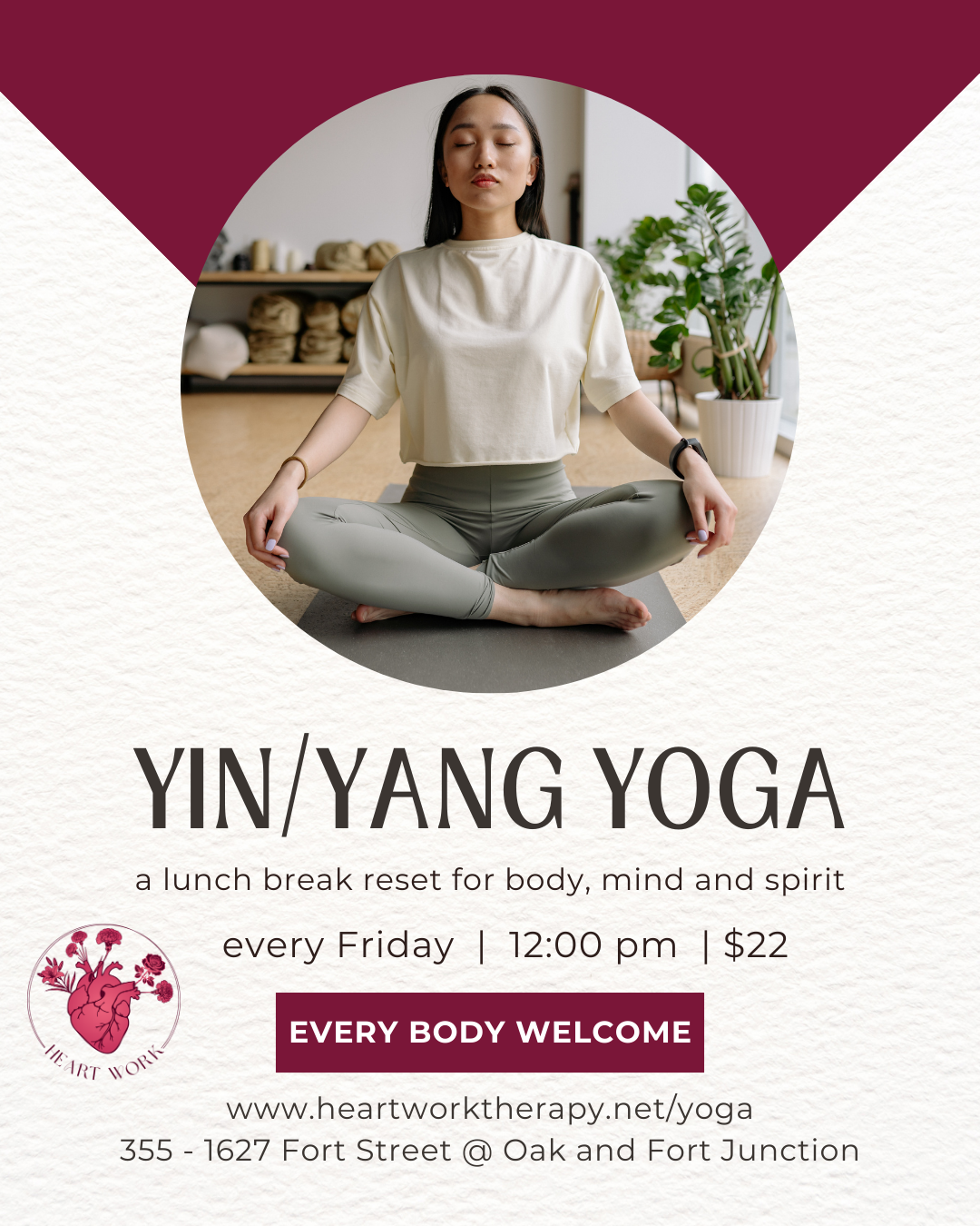 Yin Yang Yoga at Heart Work Therapy & Yoga @ 355 - 1627 Fort Street (Fort and Oak Bay Junction)