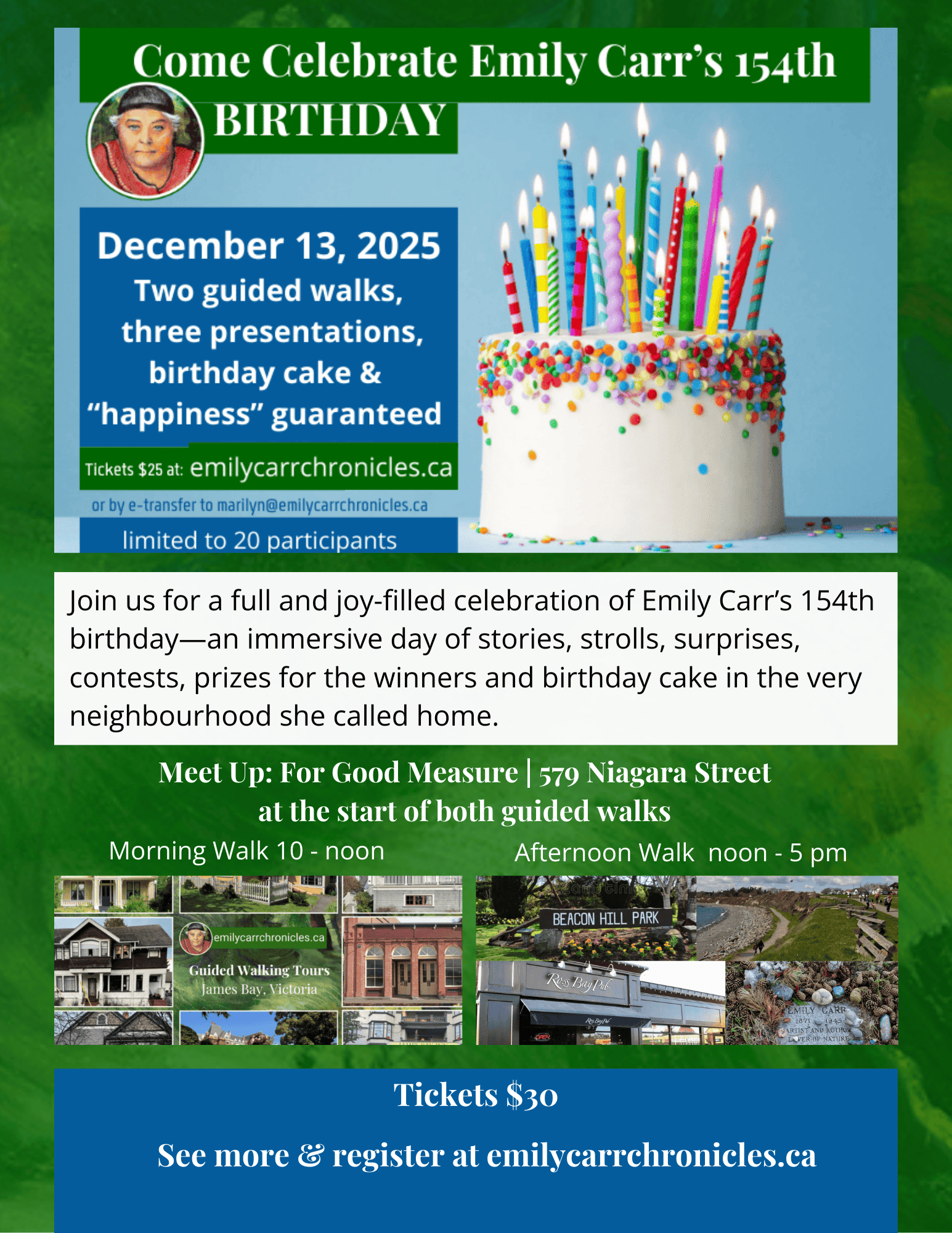 Emily Carr’s 154th Birthday Party  at Meet Up Location- For Good Measure Cafe